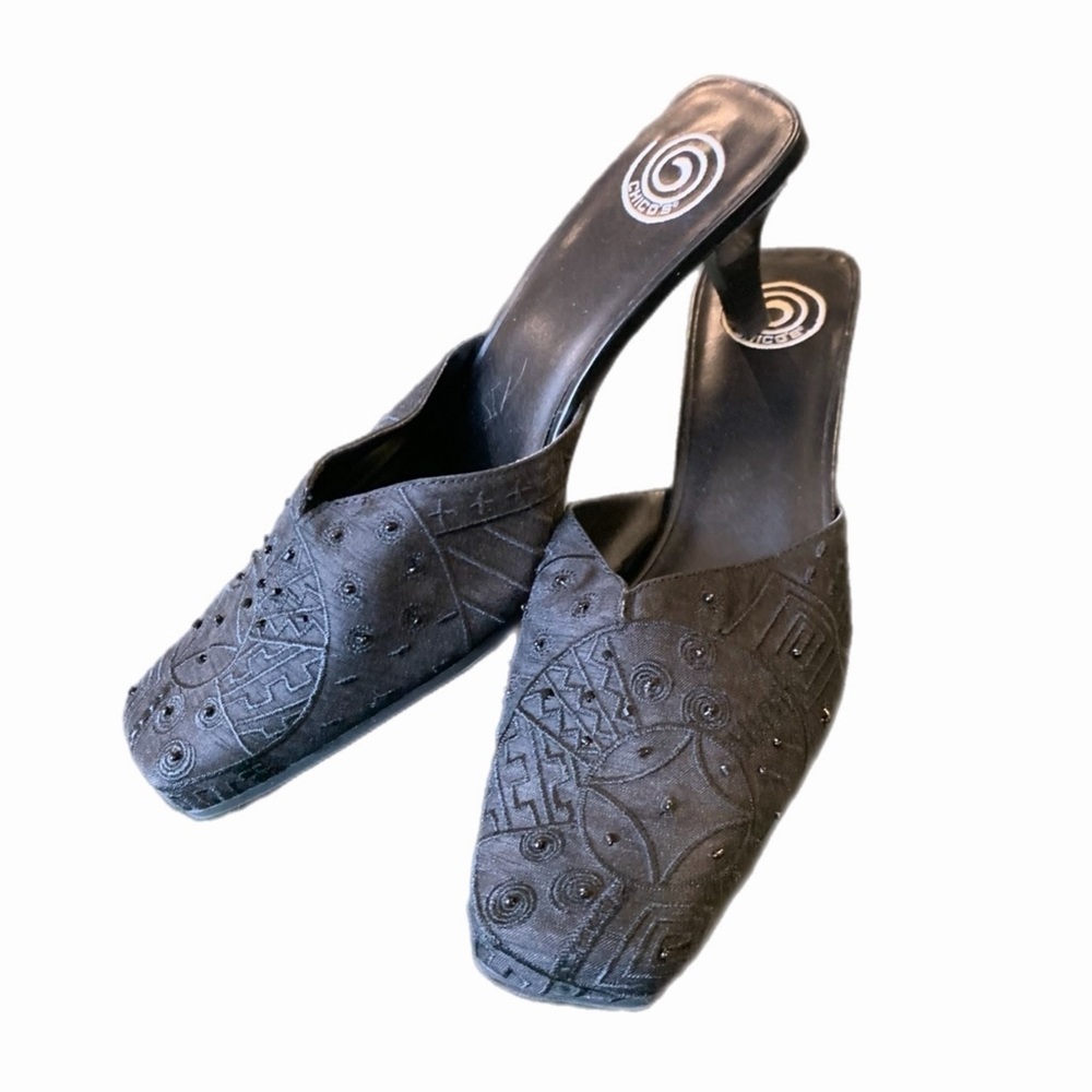 NWT NWOB Chicos Flamenco Black Beaded Square Toe Low Kitten Heel Mules Shoes 7 - Picture 4 of 16